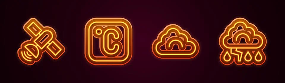 Set line Satellite, Celsius, Cloud and and lightning. Glowing neon icon. Vector Stock Illustration