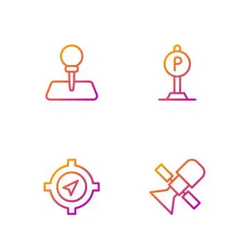 Set line Satellite, Compass, Push pin and Parking. Gradient color icons. Vect Ilustração Stock