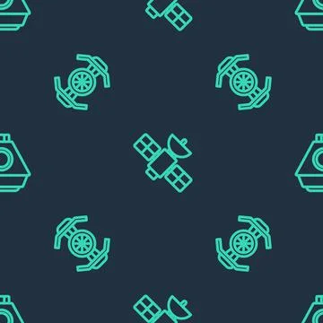 Set line Satellite, Cosmic ship and Space capsule on seamless pattern. Vector Illustrazione stock