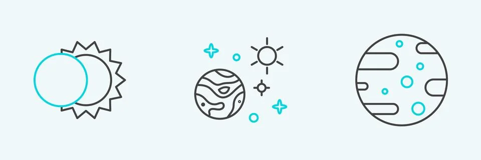 Set line Satellite dish, Eclipse of the sun and Space and planet icon. Vector Illustrazione stock