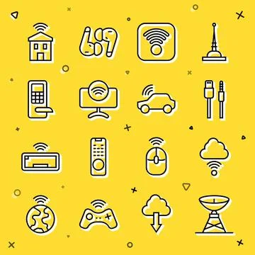 Set line Satellite dish, Network cloud connection, USB cable cord, Wi-Fi 스톡 일러스트