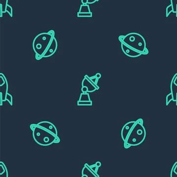 Set line Satellite dish, Planet Saturn and Rocket ship on seamless pattern Stock Illustration