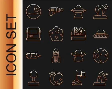 Set line Satellite dish, Planet Mars, UFO flying spaceship, Asteroid, Astro.. Stock Illustration