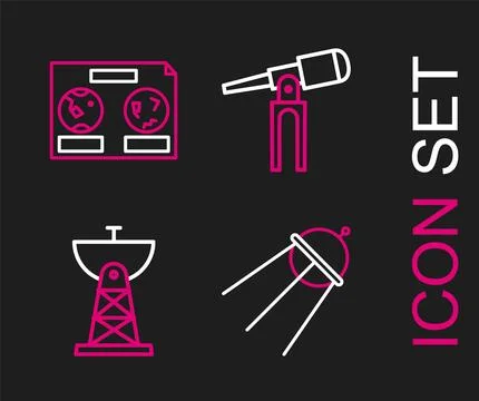 Set line Satellite, dish, Telescope and Celestial map of the night sky icon.. Stock Illustration