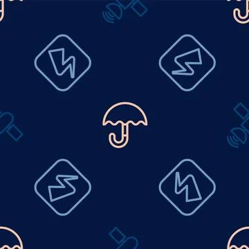 Set line Satellite, Lightning bolt and Umbrella on seamless pattern. Vector Stock Illustration