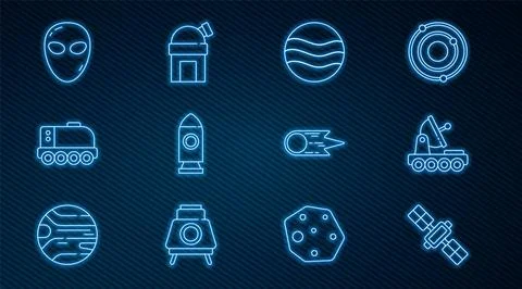 Set line Satellite, Mars rover, Planet, Rocket ship, Alien, Comet falling d.. Stock Illustration