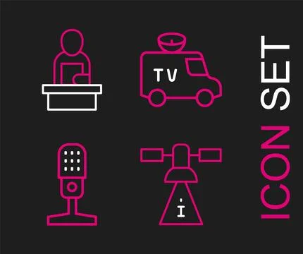Set line Satellite, Microphone, TV News car and Breaking news icon. Vector イラスト素材