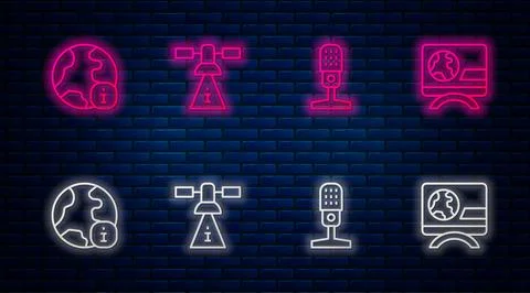 Set line Satellite, Microphone, World news and Breaking. Glowing neon icon .. Stock Illustration