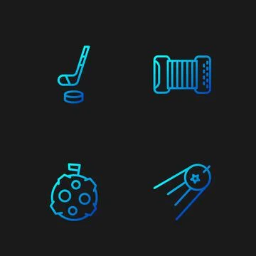 Set line Satellite, Moon with flag, Ice hockey stick and puck and Accordion Ilustração Stock