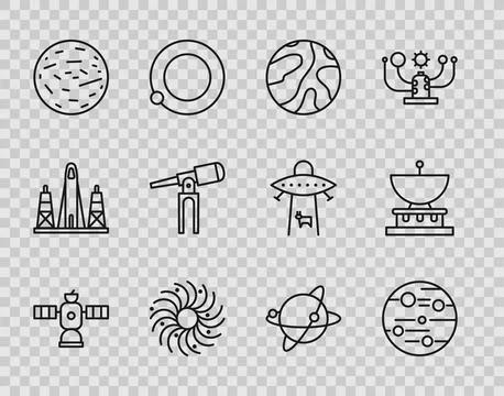Set line Satellite, Planet Mars, Falling stars, Black hole, Telescope, Sate.. Stock Illustration