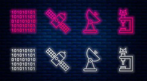 Set line Satellite, Radar, Binary code and Microscope. Glowing neon icon on Stock Illustration