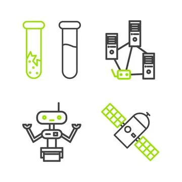 Set line Satellite, Robot, Computer network and Test tube and flask icon. Vector Stock Illustration