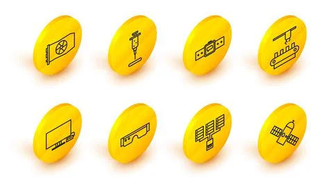 Set line Satellite, Server, Data, Web Hosting, Smart glasses, Tv, Factory con Stock Illustration