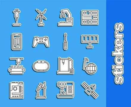 Set line Satellite, Social network, Solar energy panel, Robotic robot arm h.. Stock Illustration