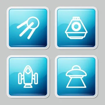 Set line Satellite, Space capsule, Rocket ship and UFO flying spaceship ico.. Stock Illustration
