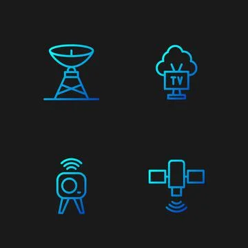 Set line Satellite, Web camera, dish and Smart Tv. Gradient color icons. Vector Stock Illustration