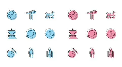 Set line Satellites orbiting the planet Earth, Alien, Moon, Space shuttle and Ilustração Stock