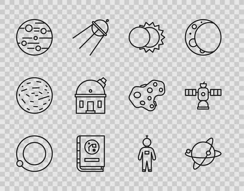 Set line Satellites orbiting the planet Earth, Eclipse of sun, Book by astronomy Ilustração Stock
