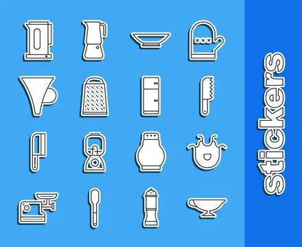 Set line Sauce boat Kitchen apron Bread knife Bowl Grater Funnel or filter Ke Illustration