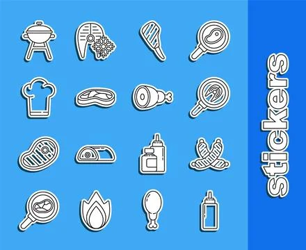 Set line Sauce bottle, Crossed sausage, Fish steak in frying pan, Rib eye, .. Stock Illustration