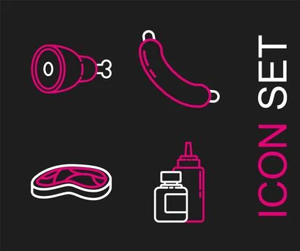 Set line Sauce bottle, Steak meat, Sausage and Chicken leg icon. Vector Stock Illustration