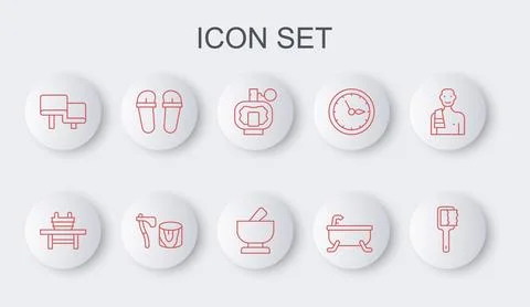 Set line Sauna brush, bench with bucket, Aftershave, Bathtub, wood, Flip fl.. Stock-Illustration