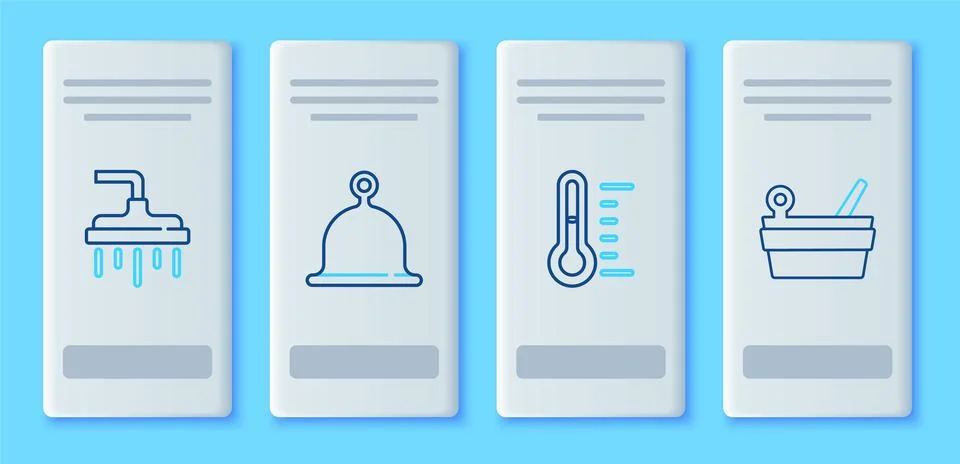 Set line Sauna hat, thermometer, Shower head and bucket and ladle icon. Vecto Stock Illustration