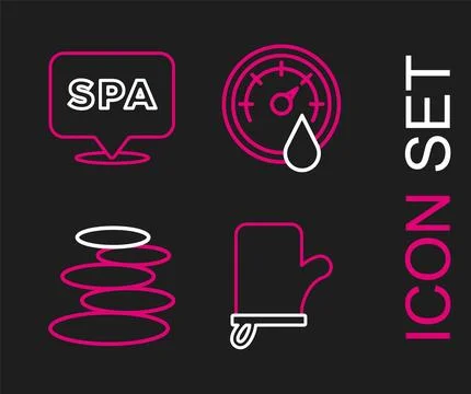 Set line Sauna mittens, Stack hot stones, thermometer and Spa salon icon. V.. Illustrazione stock