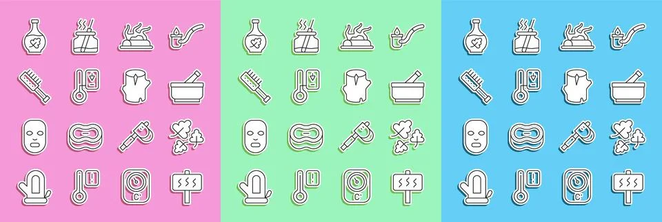 Set line Sauna, Oak leaf, Mortar and pestle, Campfire, thermometer, brush, Es Stock Illustration