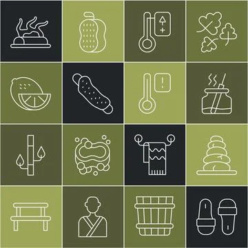 Set line Sauna slippers, Stack hot stones, Aroma diffuser, thermometer Stock Illustration