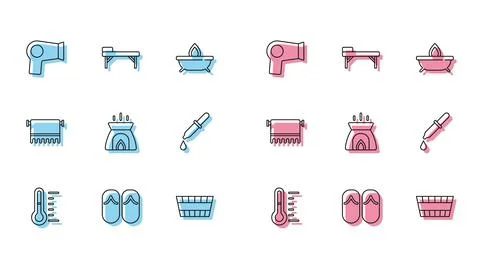 Set line Sauna thermometer, Flip flops, Hair dryer, bucket, Aroma candle, P.. Stock Illustration