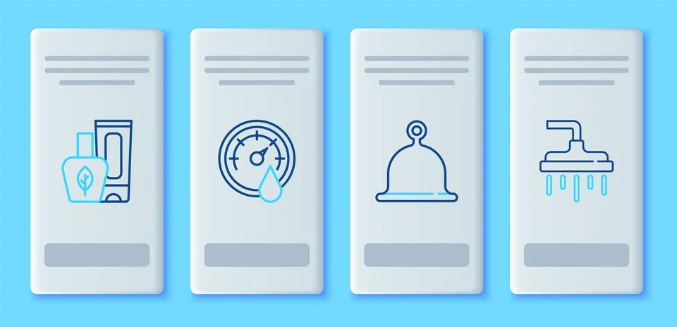 Set line Sauna thermometer, hat, Ointment cream tube and Shower head icon. Ve Stock Illustration