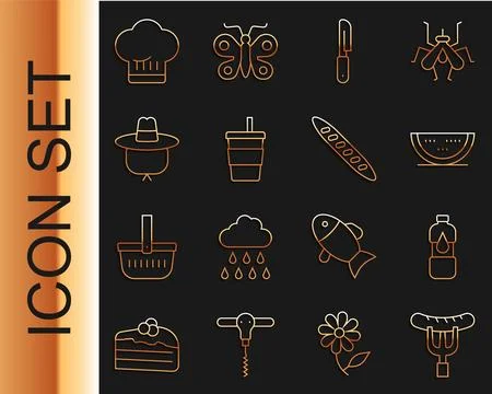 Set line Sausage on the fork, Bottle of water, Watermelon, Knife, Paper gla.. Stock Illustration