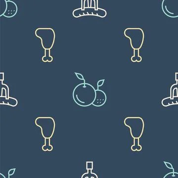 Set line Sausage on the fork, Chicken leg and Fruit on seamless pattern. Vector Stock Illustration