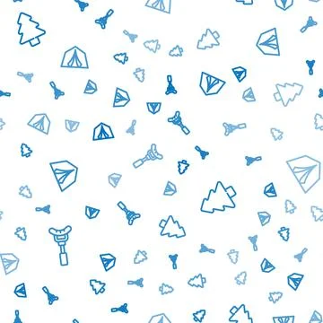 Set line Sausage on the fork, Forest and Tourist tent on seamless pattern Stock Illustration