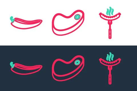 Set line Sausage on the fork, Hot chili pepper pod and Steak meat icon. Vector Stock Illustration