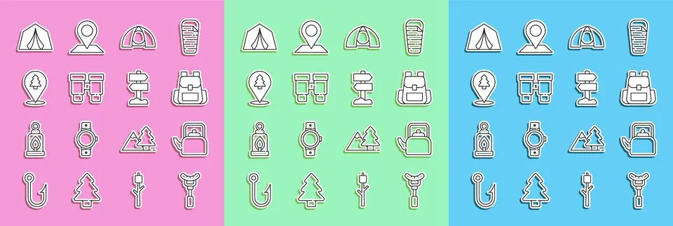 Set line Sausage on the fork, Kettle with handle, Hiking backpack, Tourist tent Illustration