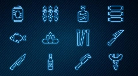Set line Sausage on the fork, Knife, Cutting board, Campfire, Fish, Soda ca.. Stock Illustration