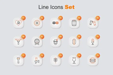 Set line Sausage, Glass of beer, Wheat, Beer tap, Bottle opener, Hotdog san.. Stock Illustration