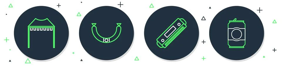 Set line Sausage, Harmonica, Camping tent and Beer can icon. Vector Illustrazione stock