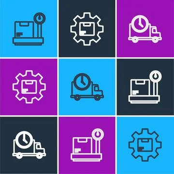 Set line Scale with cardboard box, Logistics delivery truck and clock and Gear Stock Illustration