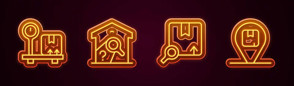 Set line Scale with cardboard box, Warehouse check, Search package and Location Stock Illustration