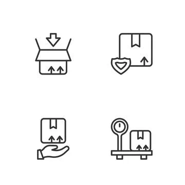 Set line Scale with cardboard box, Delivery hand, Carton and security shield Stock Illustration