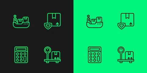 Set line Scale with cardboard box, Calculator, Cargo ship boxes delivery and イラスト素材