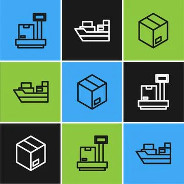 Set line Scale with cardboard box, Carton and Cargo ship boxes delivery icon 스톡 일러스트