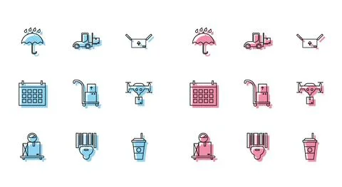 Set line Scale with cardboard box, Scanner scanning bar code, Umbrella and rain Stock-Illustration