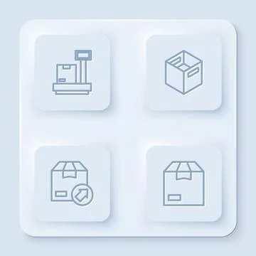 Set line Scale with cardboard box, Carton, and . White square button. Vector Illustrazione stock