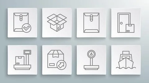 Set line Scale with cardboard box, Unboxing, Carton, Cargo ship boxes delivery イラスト素材