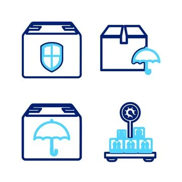 Set line Scale with cardboard box, Delivery package umbrella, and security 스톡 일러스트