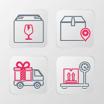 Set line Scale with cardboard box, Delivery truck gift, Location and fragile Stockillustratie